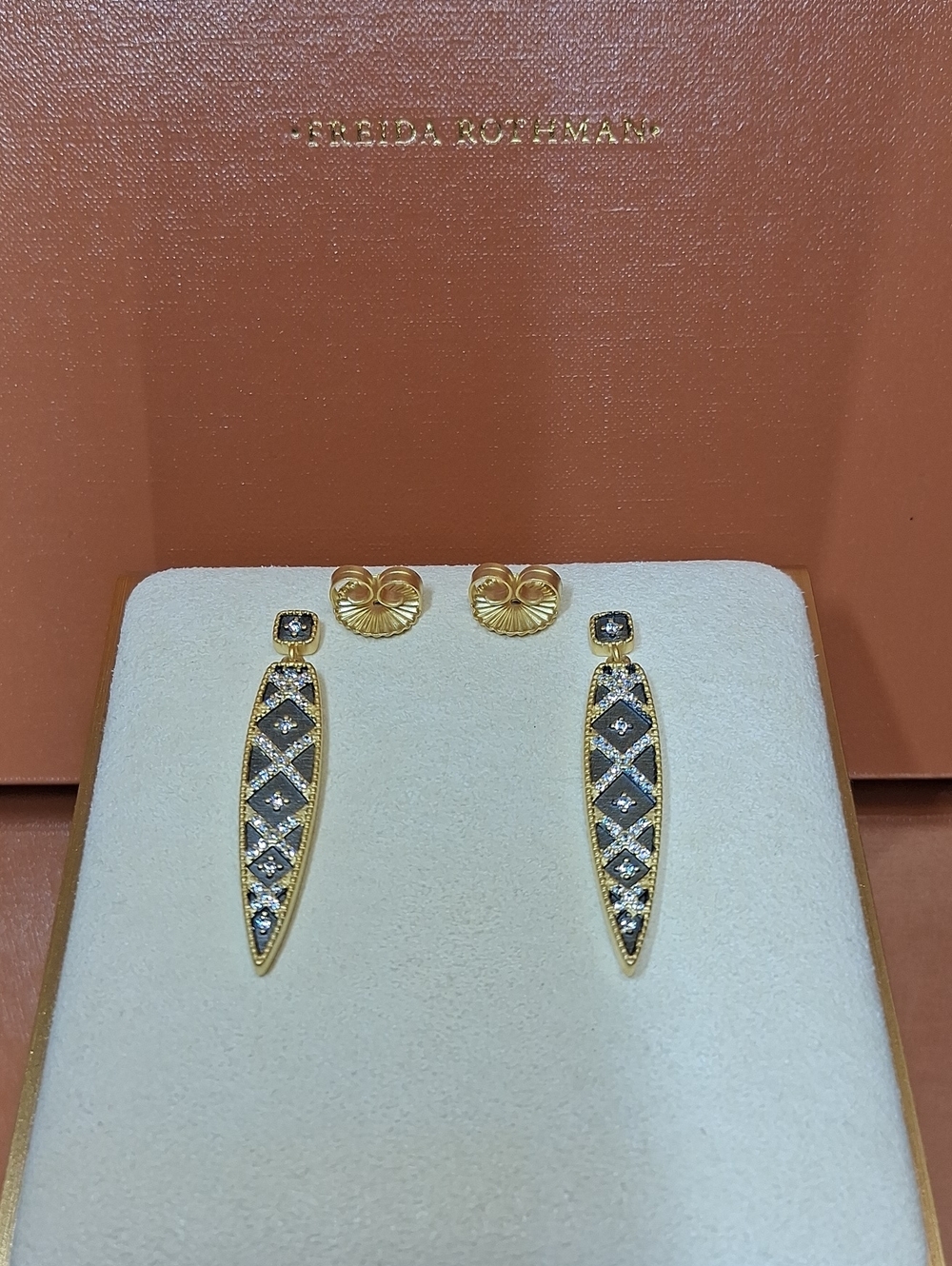 Edgy Sterling Silver, 14kt Matte Gold and Black Rhodium Earrings with CZ stones!